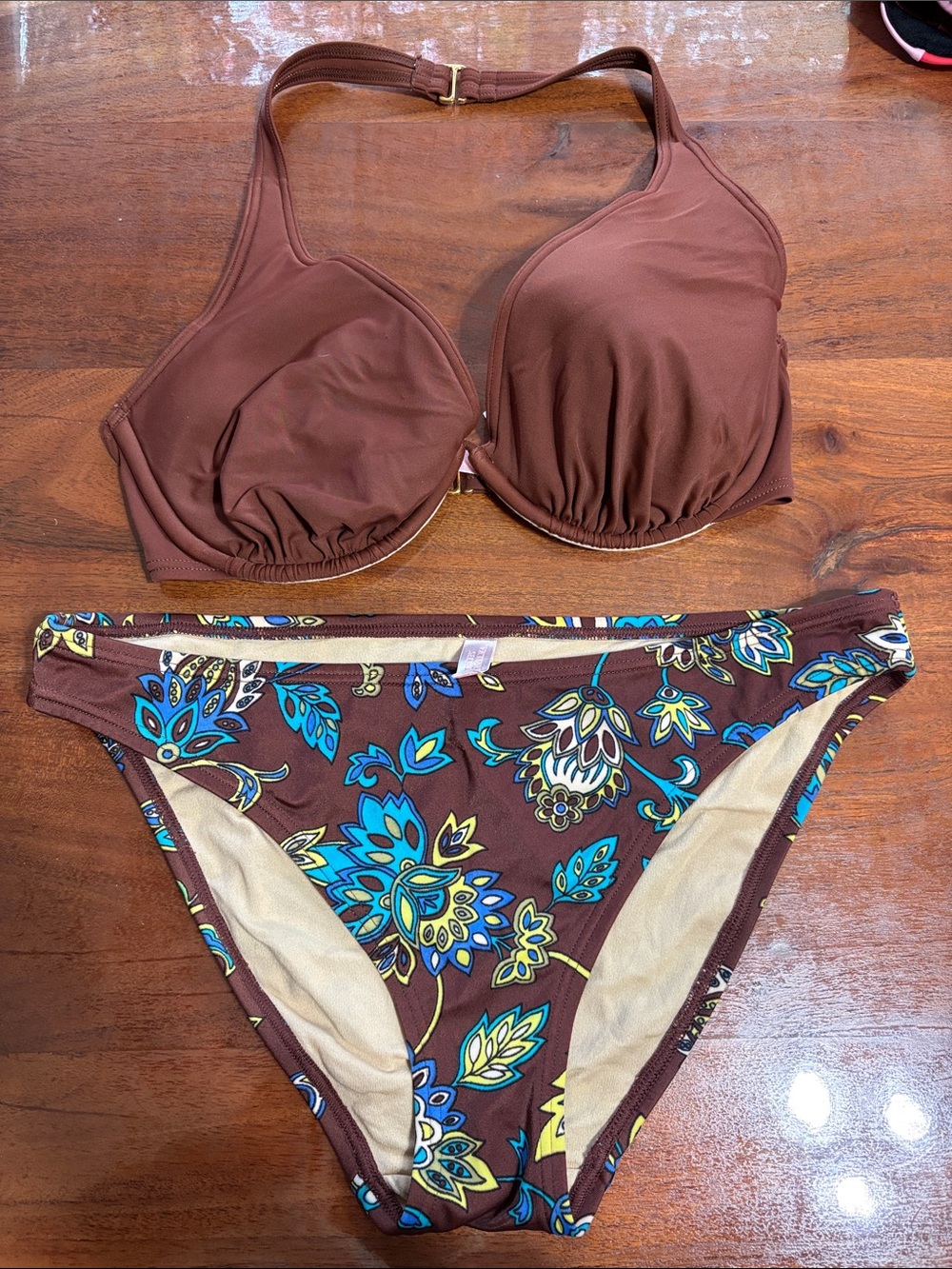 Victoria's Secret Brown Floral Two-Piece Bikini with Blue & Yellow Accents